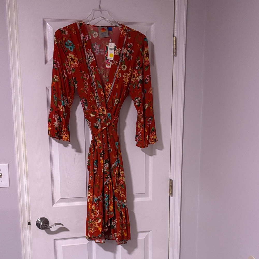 FARM Rio…Sz Large…Burnt Orange Floral Midi Length Wrap Dress W Ruffles - Picture 2 of 11